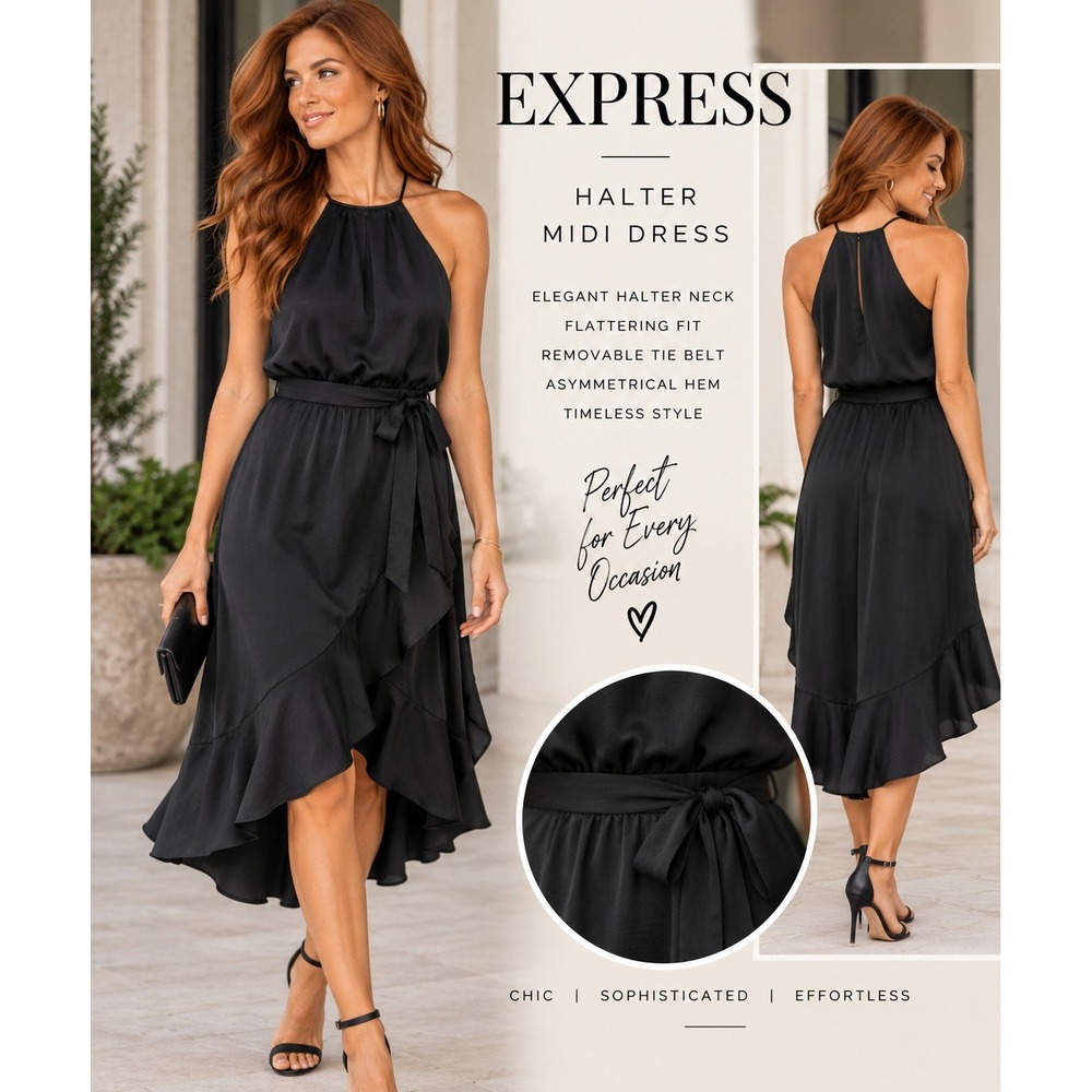 Express Womens Black Halter Midi Dress Asymmetrical Ruffle Hem Satin Size M